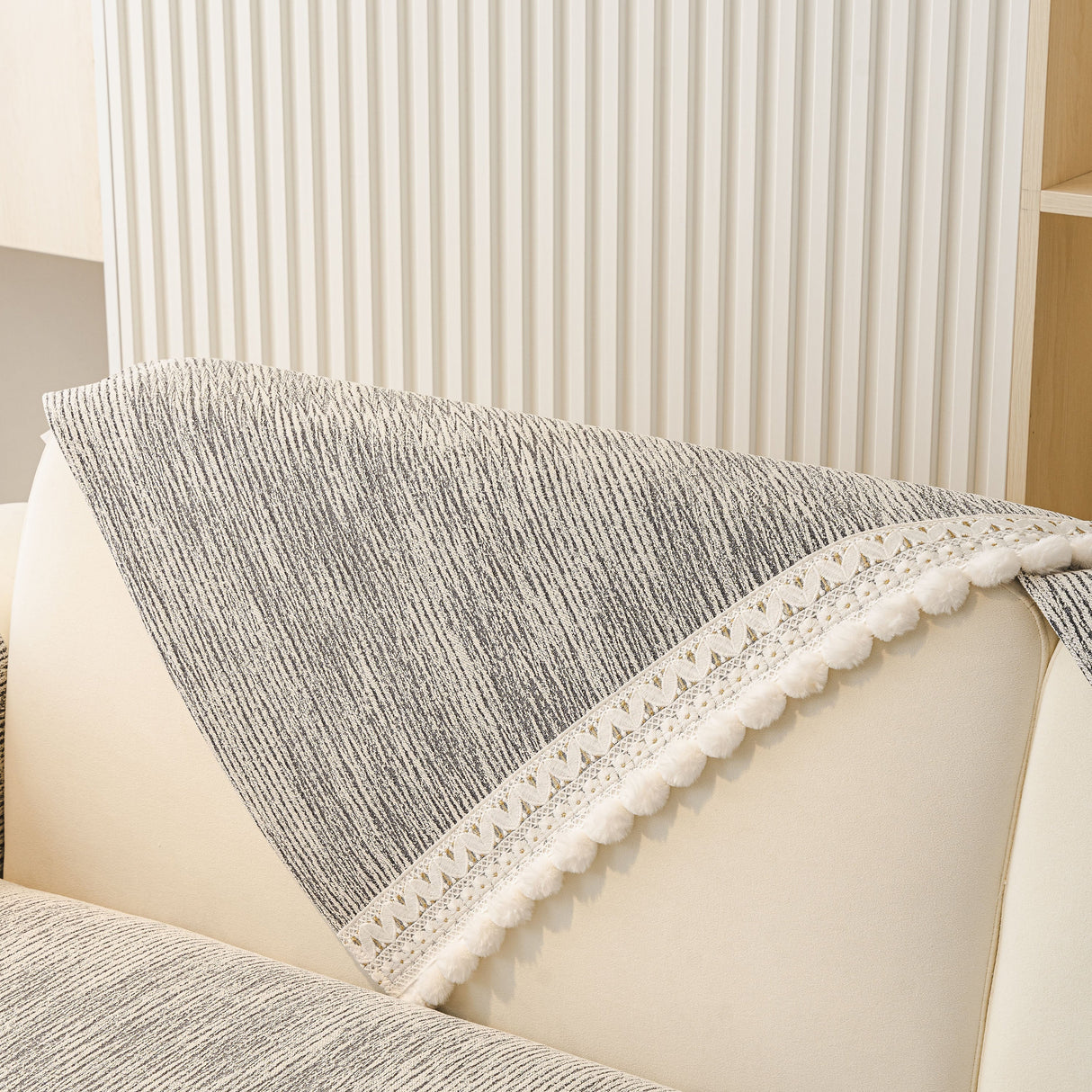 Soft Chenille Sectional Sofa Cover with Pom Pom Trim – Non-Slip Couch Protector