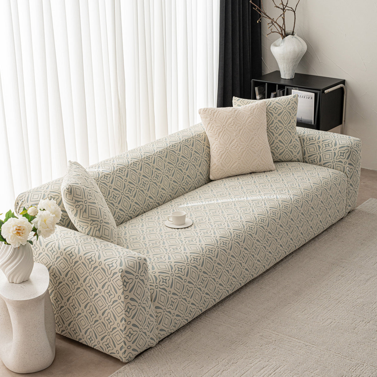 3D Jacquard Geometric Sofa Cover, High Stretch Soft Polar Fleece Slipcover for Couch