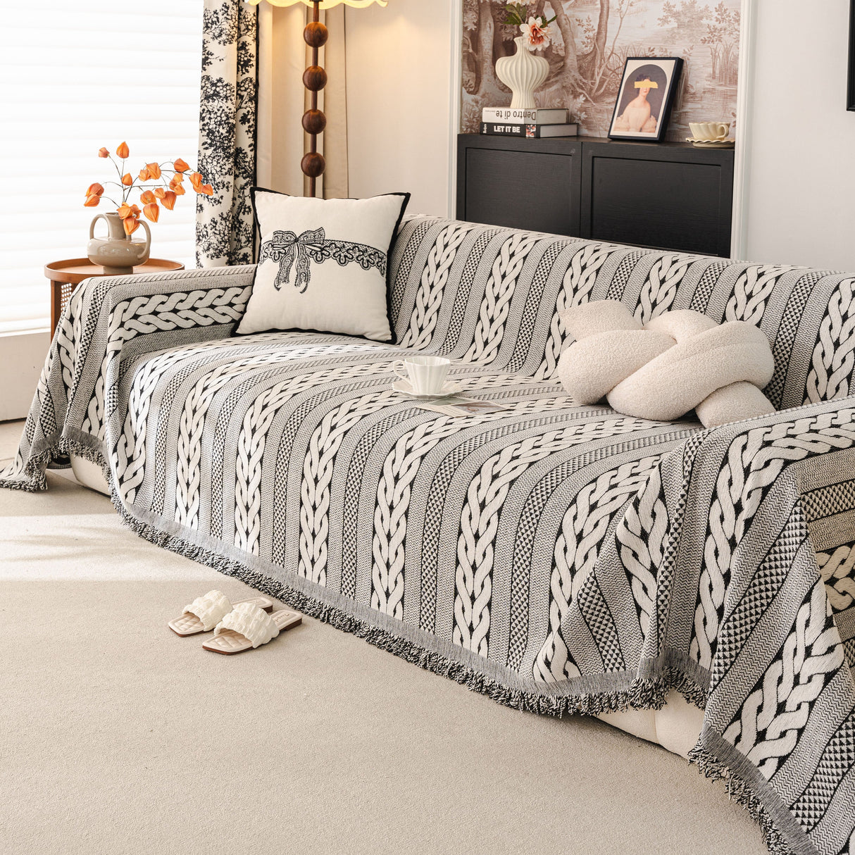 Sofa Cover Blanket Throw with Tassels, Decorative Furniture Protector for Dogs/Pets