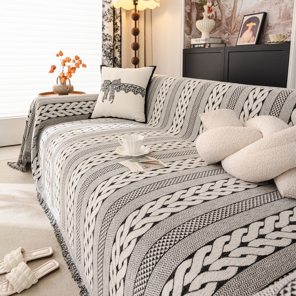 Sofa Cover Blanket Throw with Tassels, Decorative Furniture Protector for Dogs/Pets