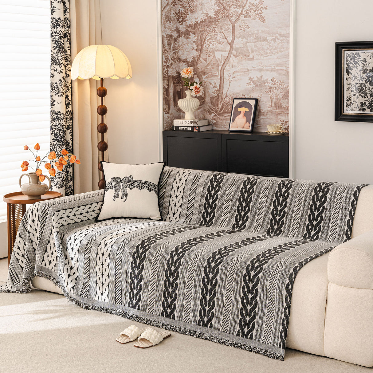 Sofa Cover Blanket Throw with Tassels, Decorative Furniture Protector for Dogs/Pets