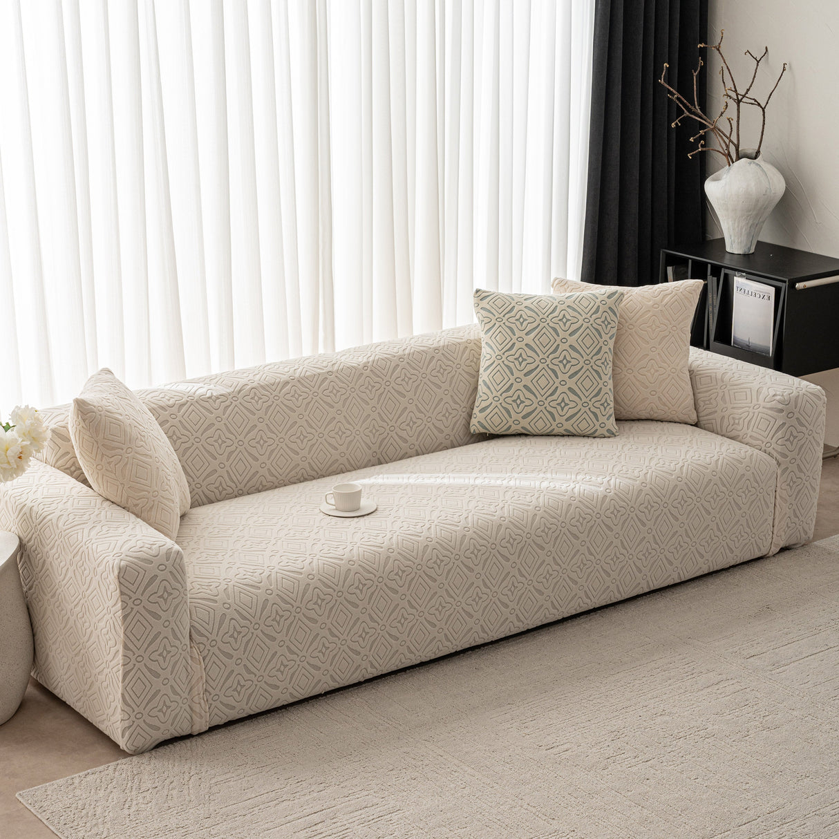 3D Jacquard Geometric Sofa Cover, High Stretch Soft Polar Fleece Slipcover for Couch