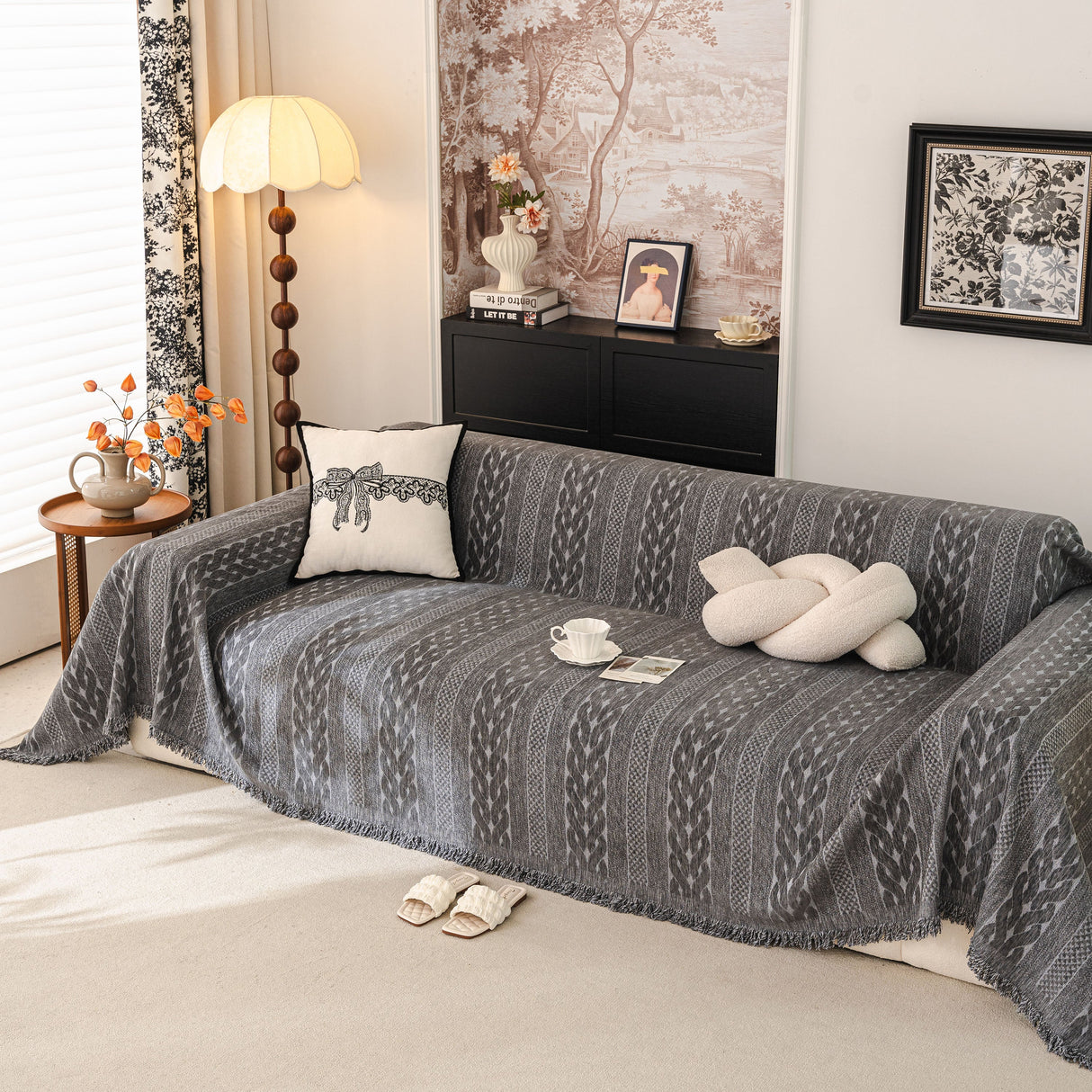 Sofa Cover Blanket Throw with Tassels, Decorative Furniture Protector for Dogs/Pets