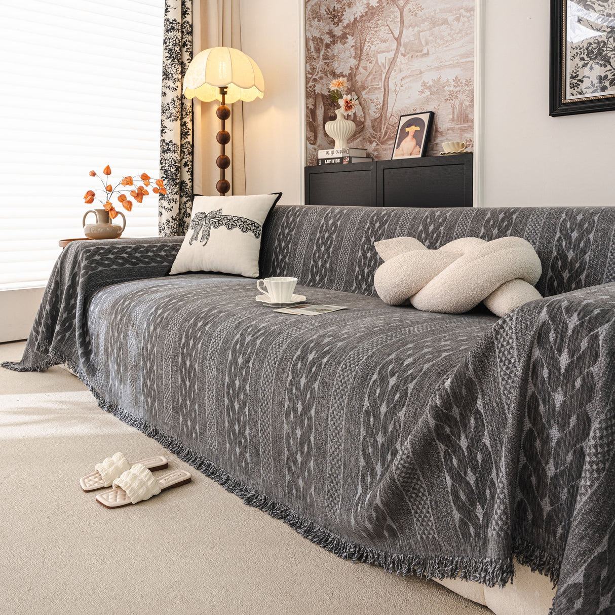 Sofa Cover Blanket Throw with Tassels, Decorative Furniture Protector for Dogs/Pets