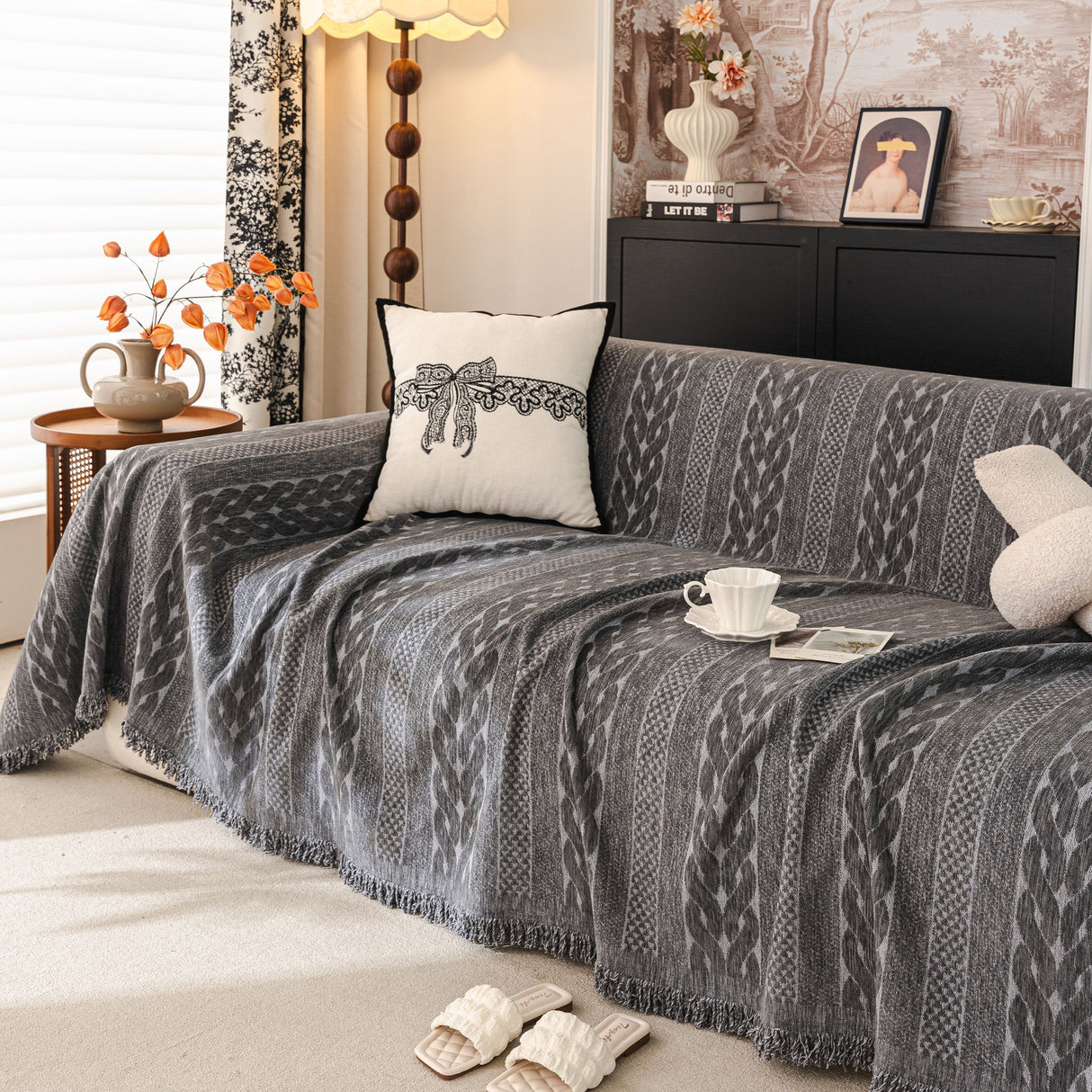 Sofa Cover Blanket Throw with Tassels, Decorative Furniture Protector for Dogs/Pets