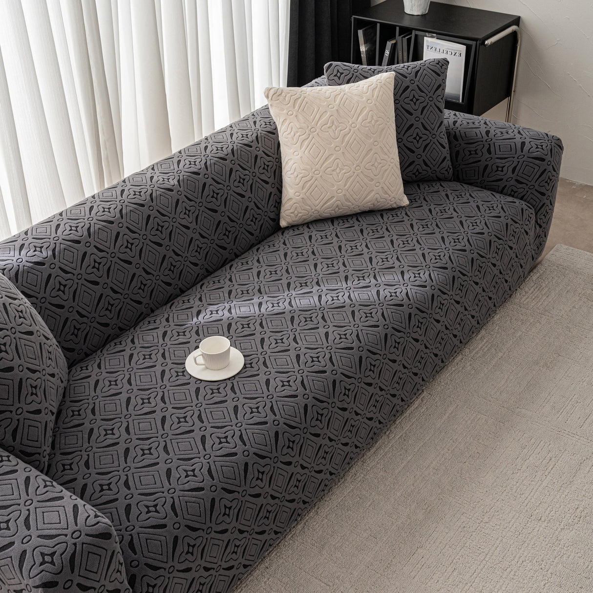 3D Jacquard Geometric Sofa Cover, High Stretch Soft Polar Fleece Slipcover for Couch