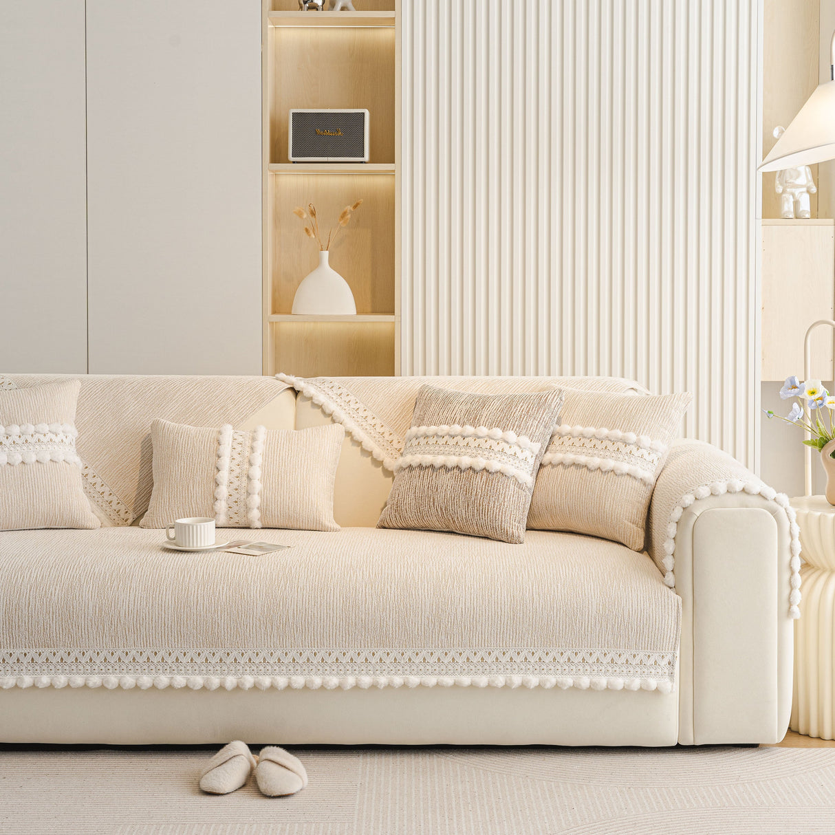 Soft Chenille Sectional Sofa Cover with Pom Pom Trim – Non-Slip Couch Protector