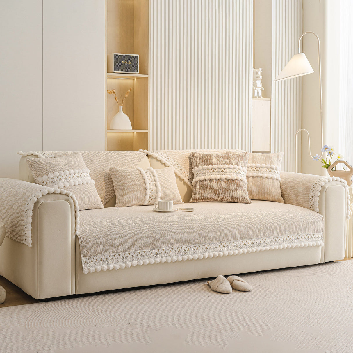 Soft Chenille Sectional Sofa Cover with Pom Pom Trim – Non-Slip Couch Protector