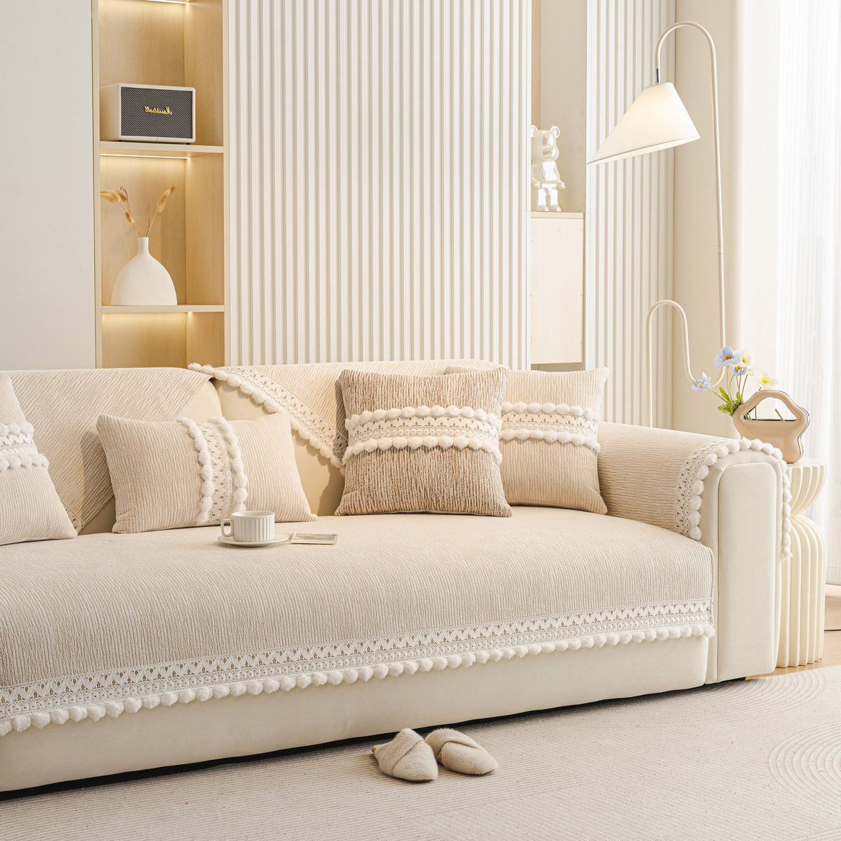 Soft Chenille Sectional Sofa Cover with Pom Pom Trim – Non-Slip Couch Protector