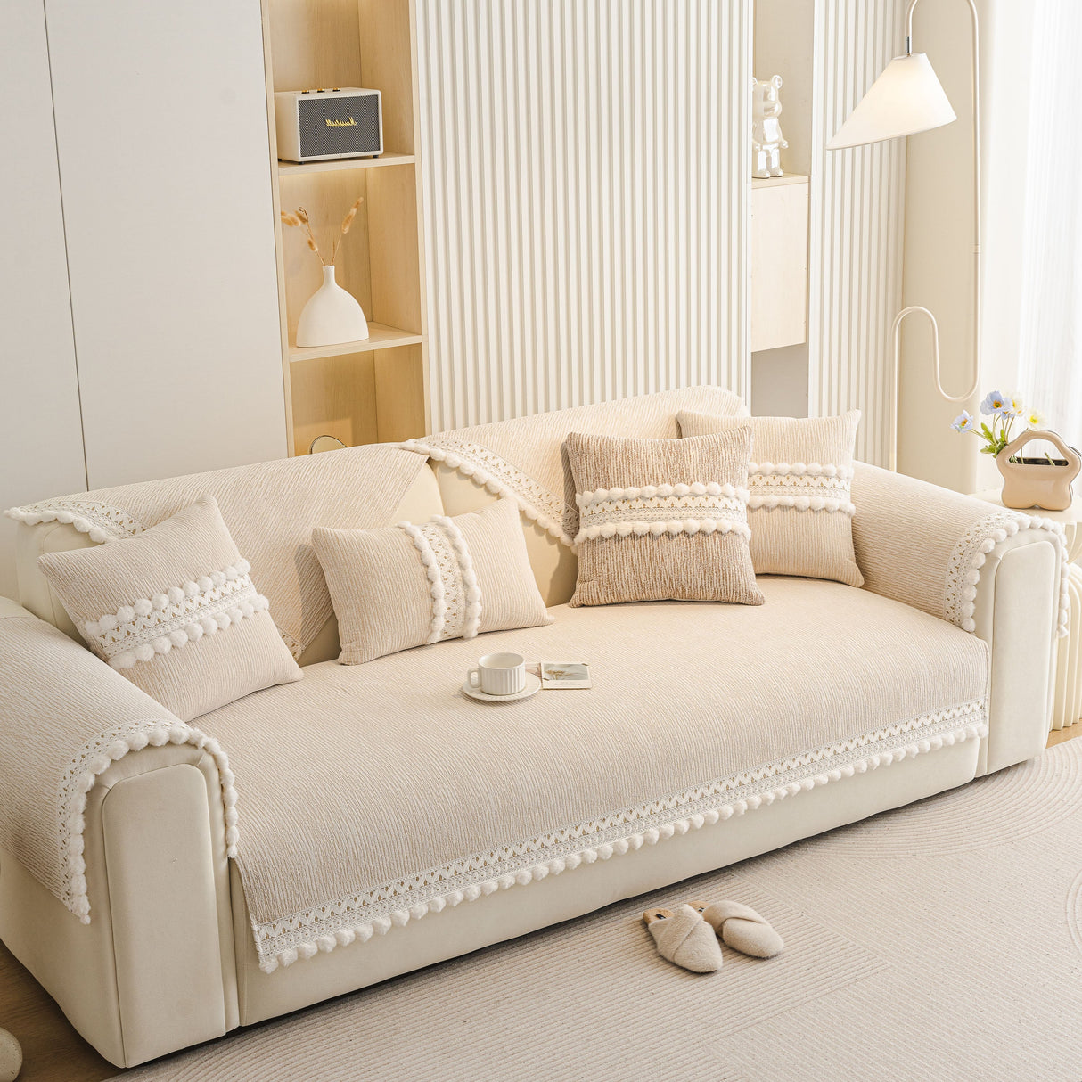 Soft Chenille Sectional Sofa Cover with Pom Pom Trim – Non-Slip Couch Protector