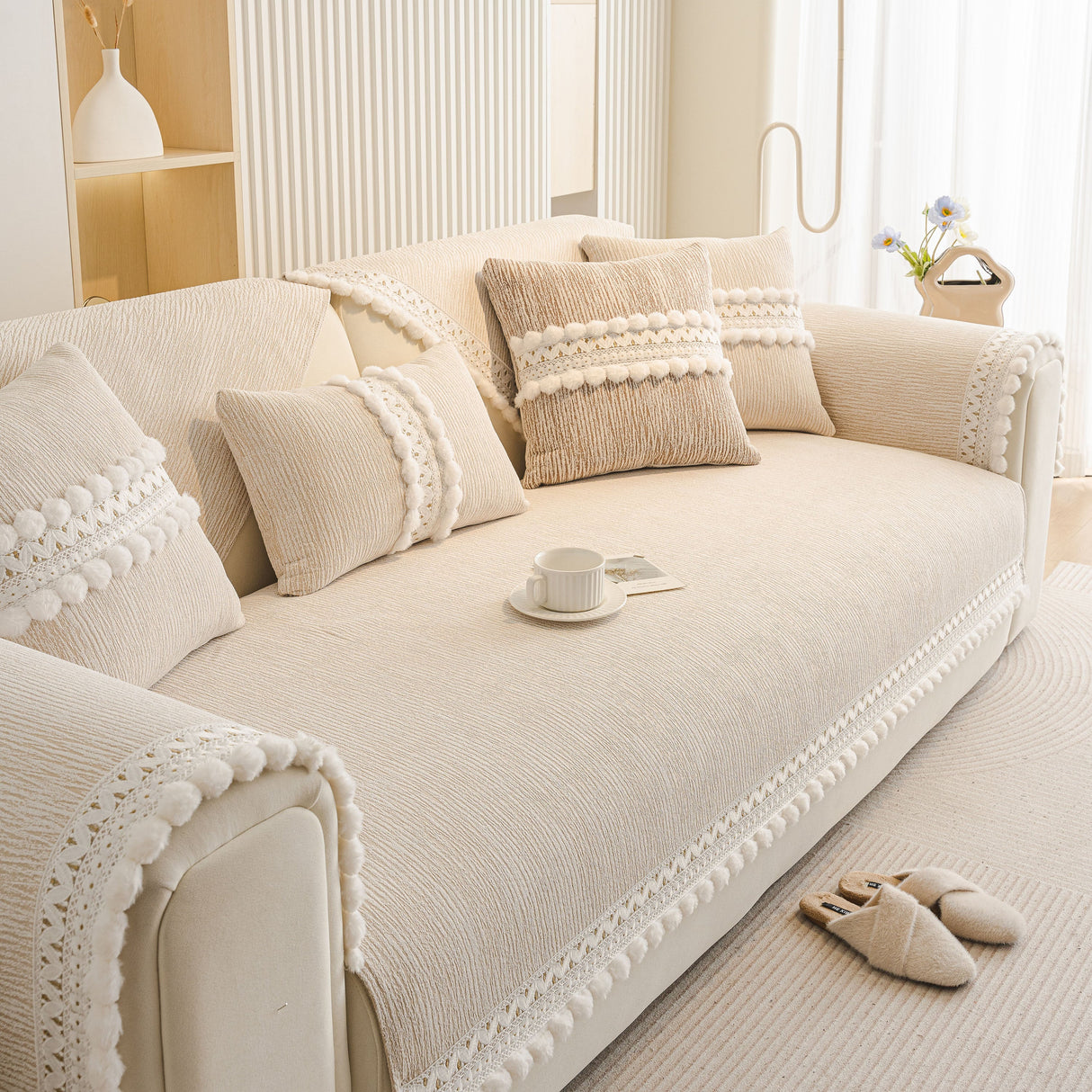 Soft Chenille Sectional Sofa Cover with Pom Pom Trim – Non-Slip Couch Protector