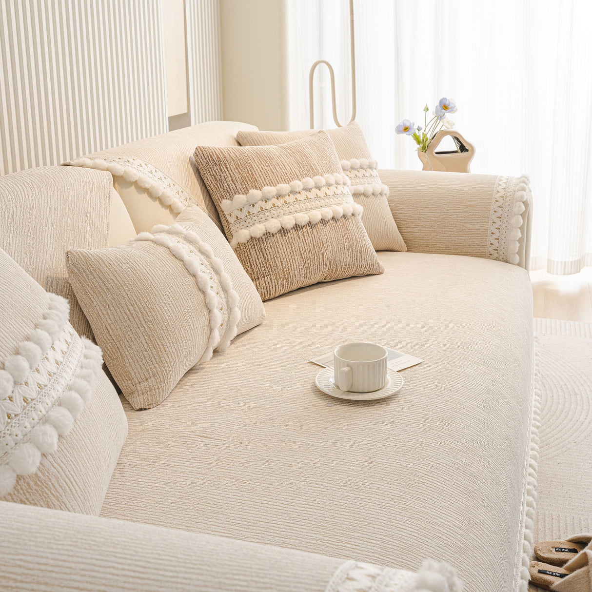 Soft Chenille Sectional Sofa Cover with Pom Pom Trim – Non-Slip Couch Protector