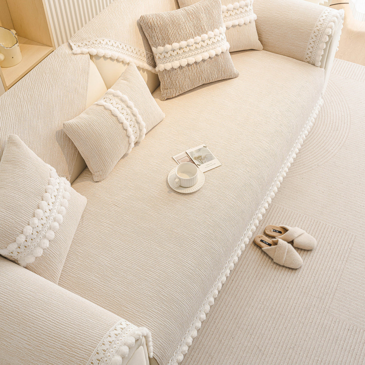 Soft Chenille Sectional Sofa Cover with Pom Pom Trim – Non-Slip Couch Protector