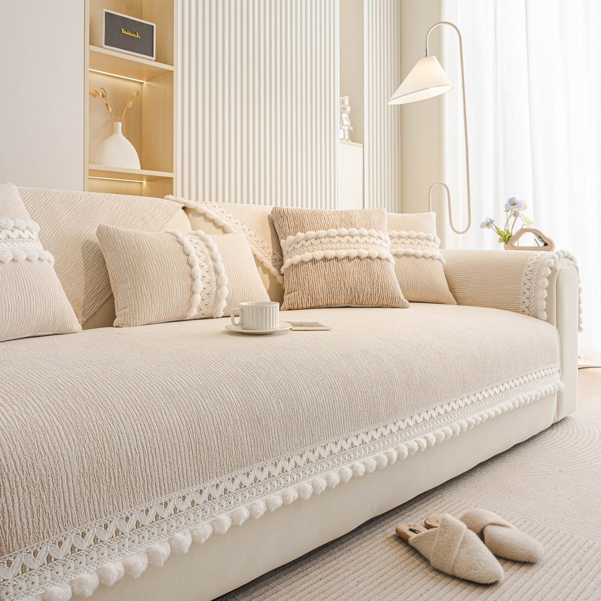 Soft Chenille Sectional Sofa Cover with Pom Pom Trim – Non-Slip Couch Protector