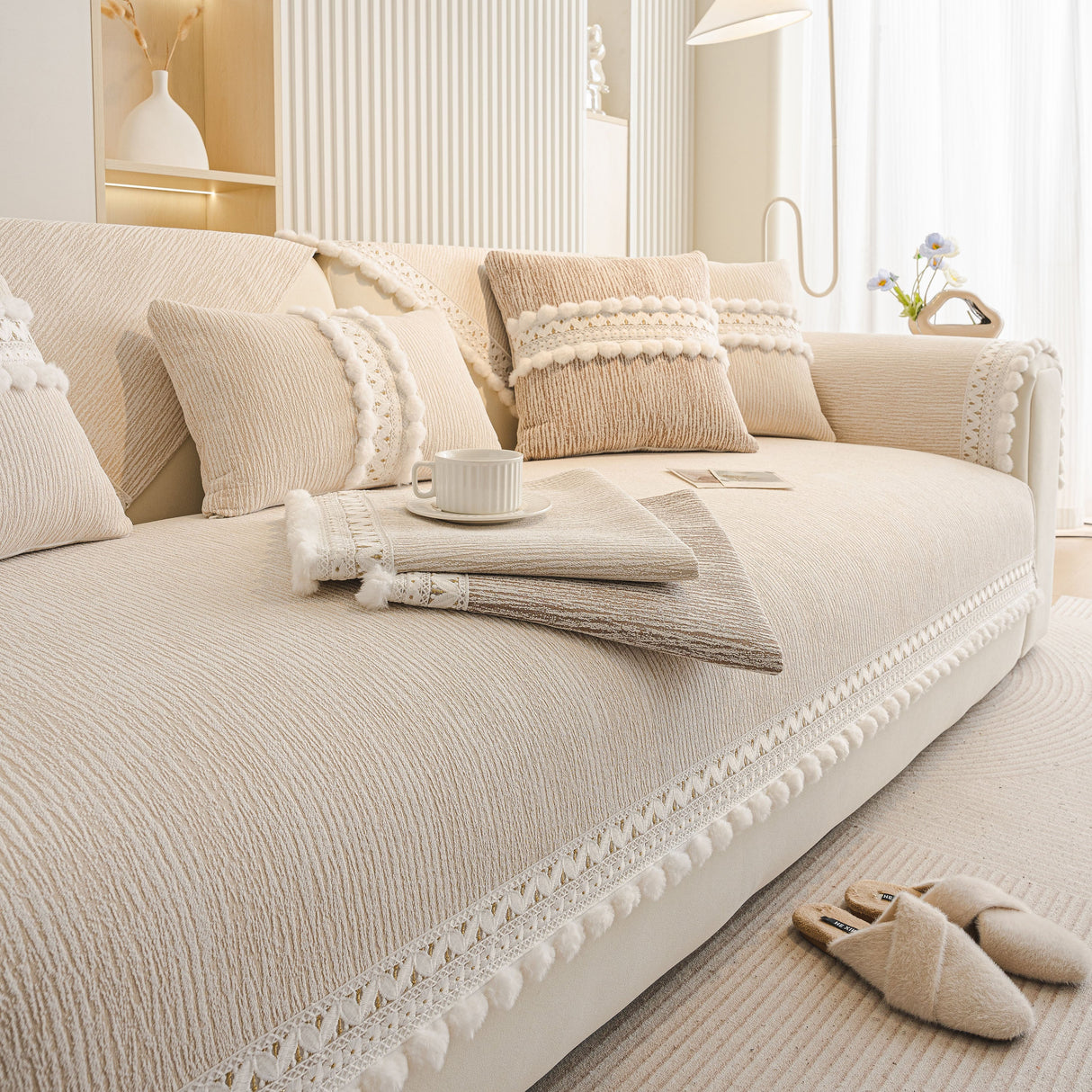 Soft Chenille Sectional Sofa Cover with Pom Pom Trim – Non-Slip Couch Protector