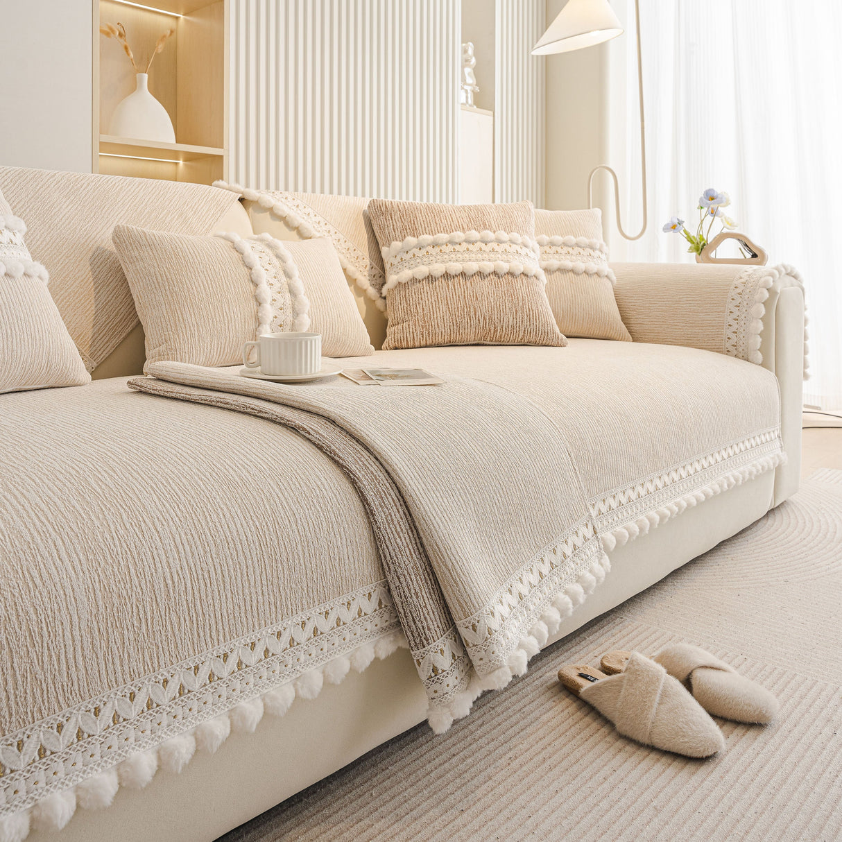 Soft Chenille Sectional Sofa Cover with Pom Pom Trim – Non-Slip Couch Protector