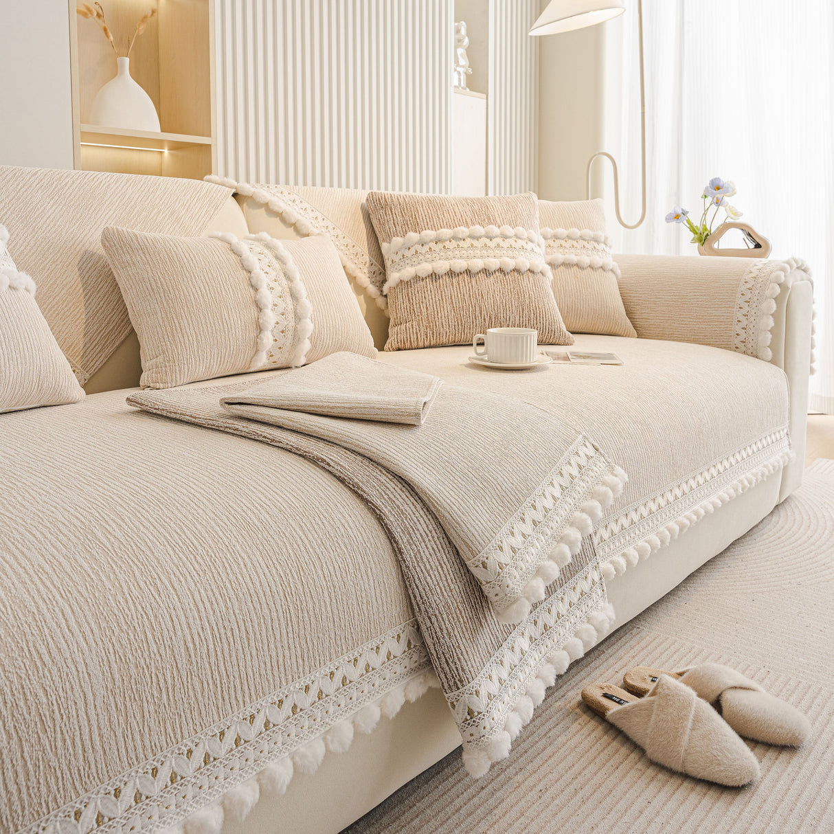Soft Chenille Sectional Sofa Cover with Pom Pom Trim – Non-Slip Couch Protector