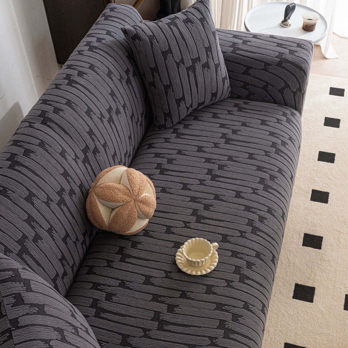 Plush Fleece Stretch Sofa Cover, Super Soft Textured Geometric Couch Slipcover