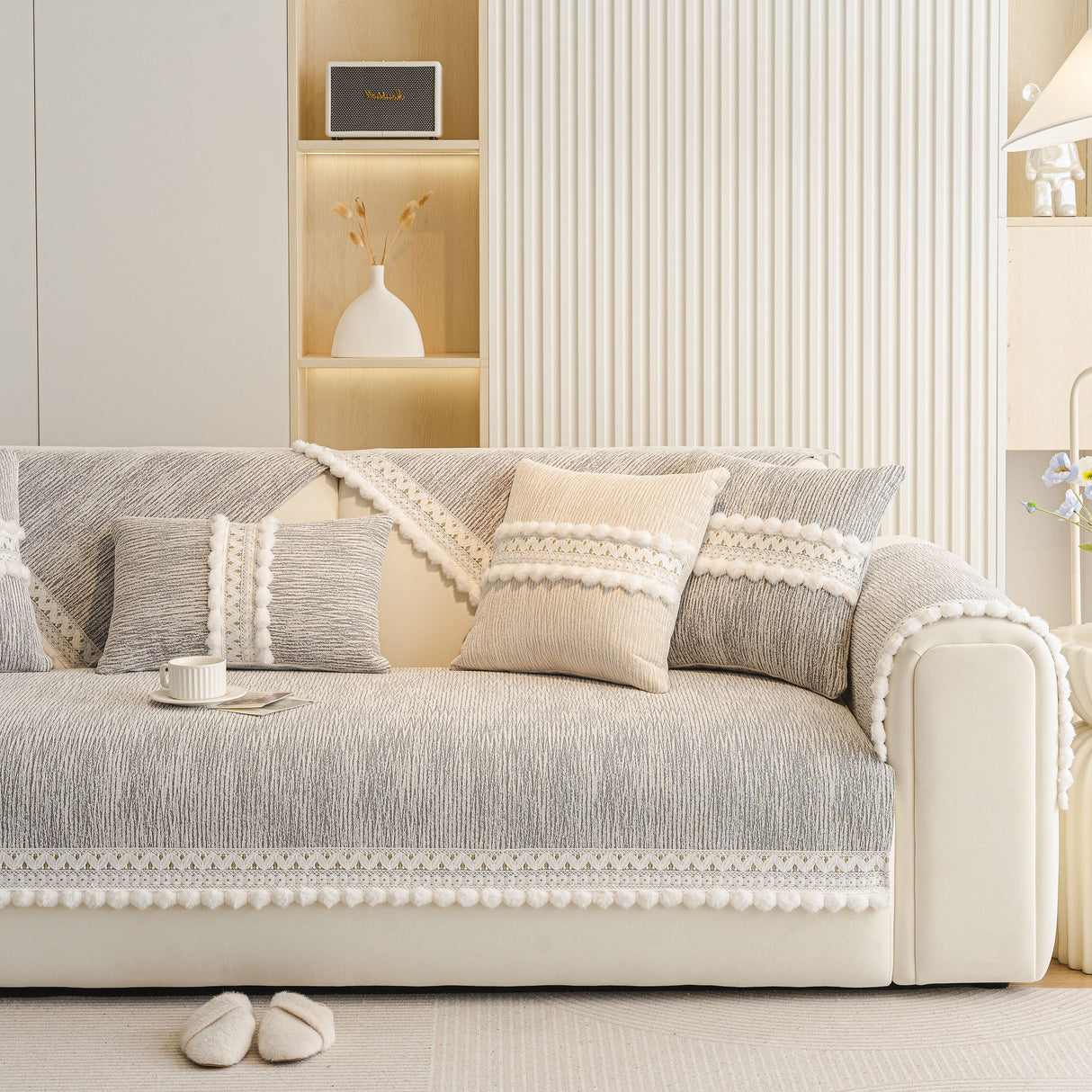 Soft Chenille Sectional Sofa Cover with Pom Pom Trim – Non-Slip Couch Protector