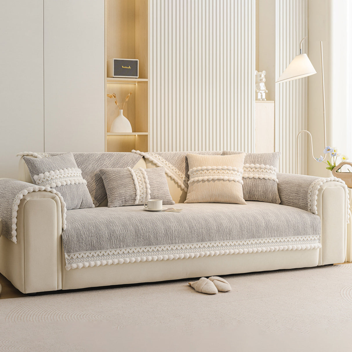 Soft Chenille Sectional Sofa Cover with Pom Pom Trim – Non-Slip Couch Protector
