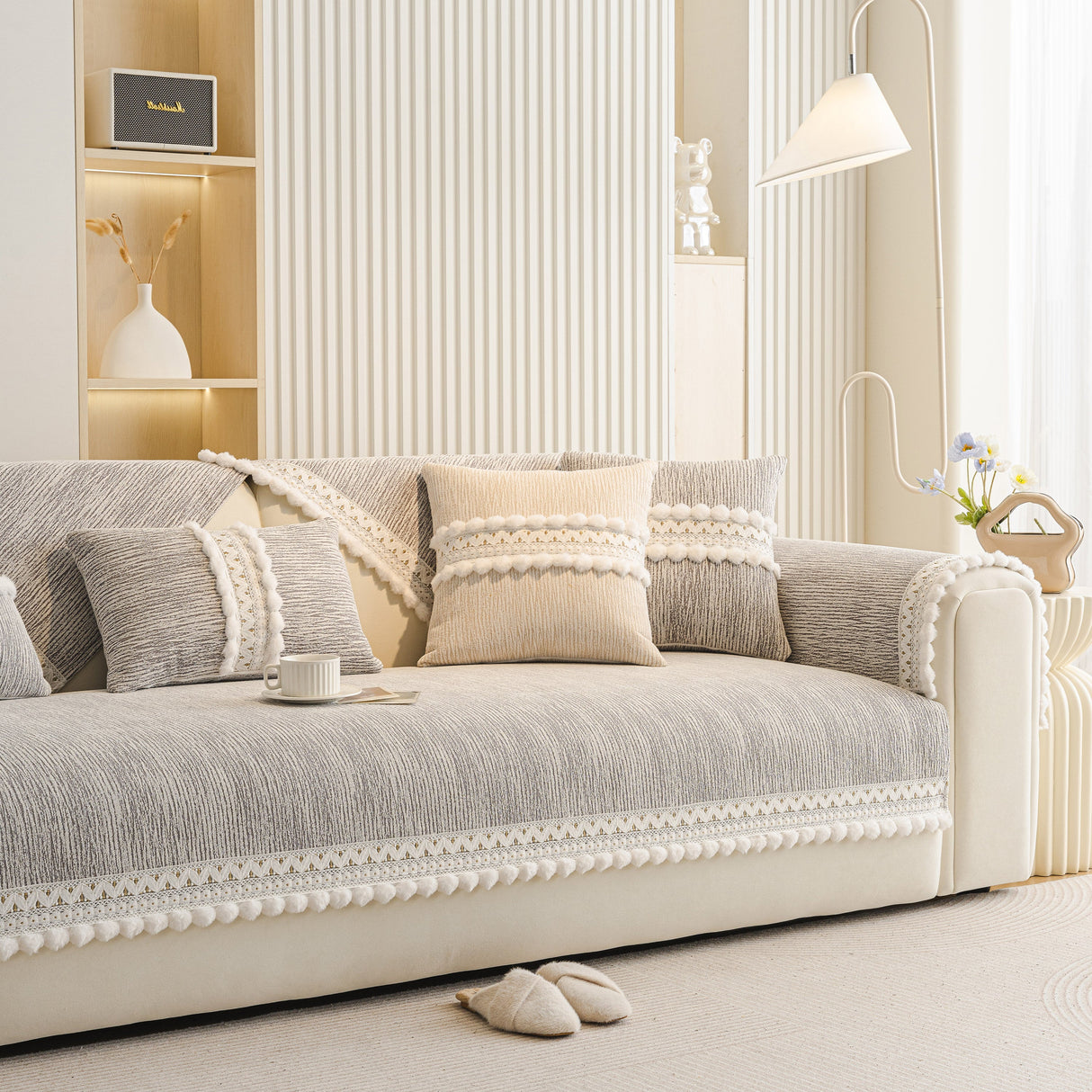 Soft Chenille Sectional Sofa Cover with Pom Pom Trim – Non-Slip Couch Protector