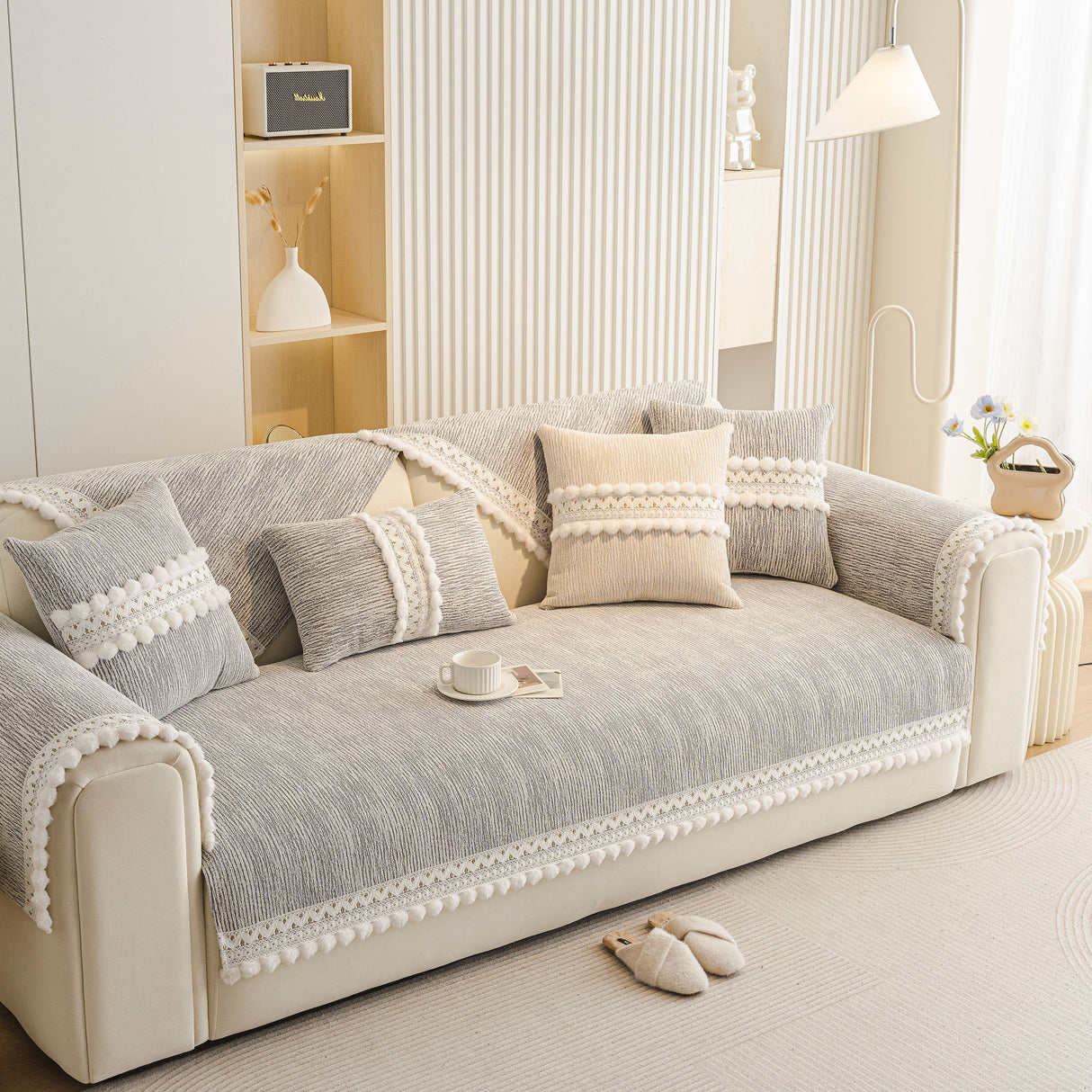 Soft Chenille Sectional Sofa Cover with Pom Pom Trim – Non-Slip Couch Protector