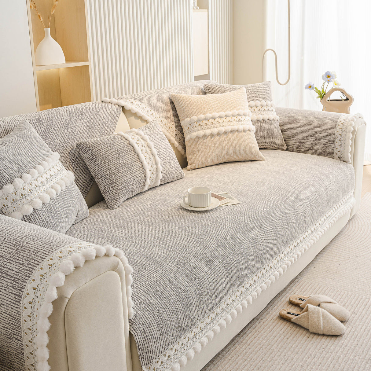 Soft Chenille Sectional Sofa Cover with Pom Pom Trim – Non-Slip Couch Protector