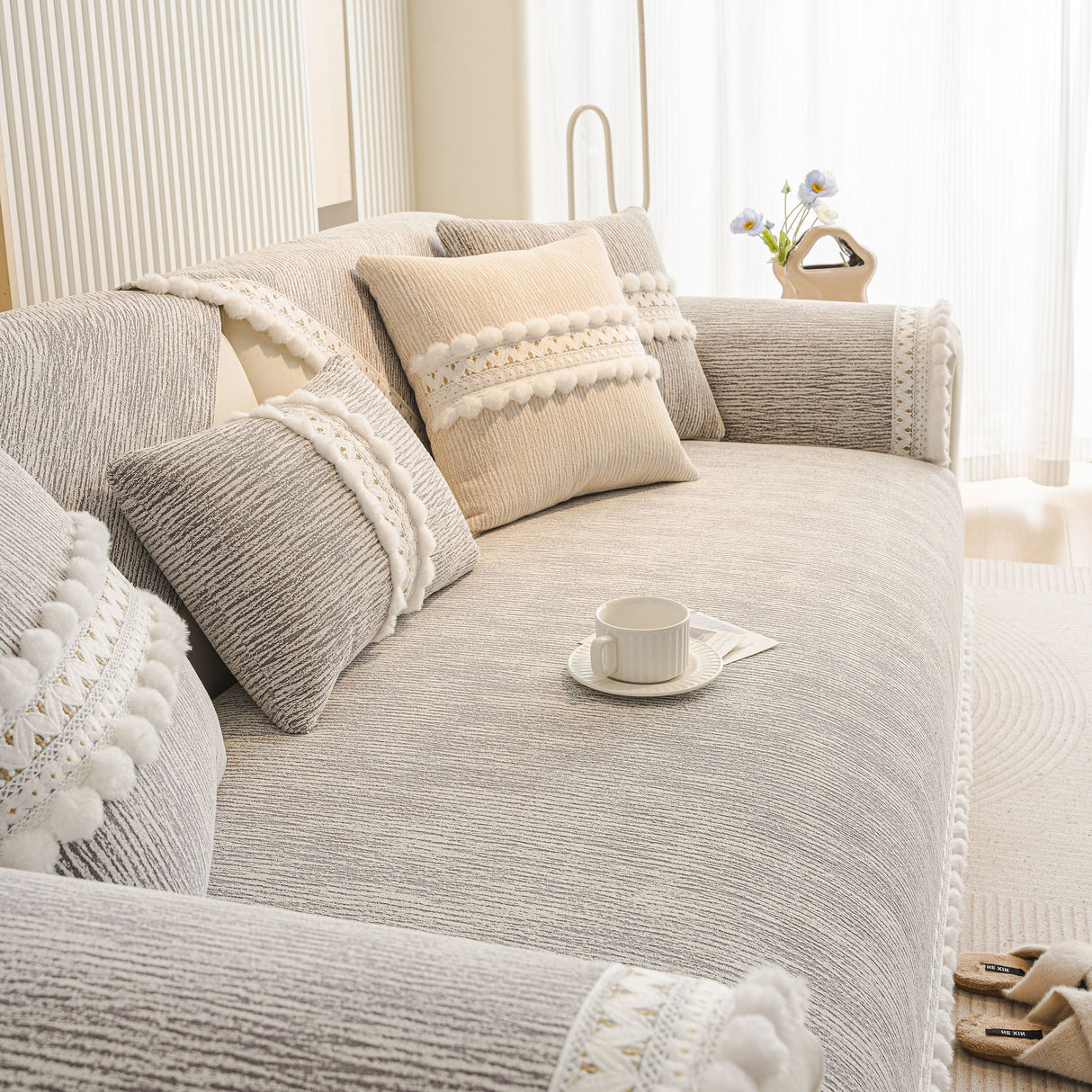 Soft Chenille Sectional Sofa Cover with Pom Pom Trim – Non-Slip Couch Protector