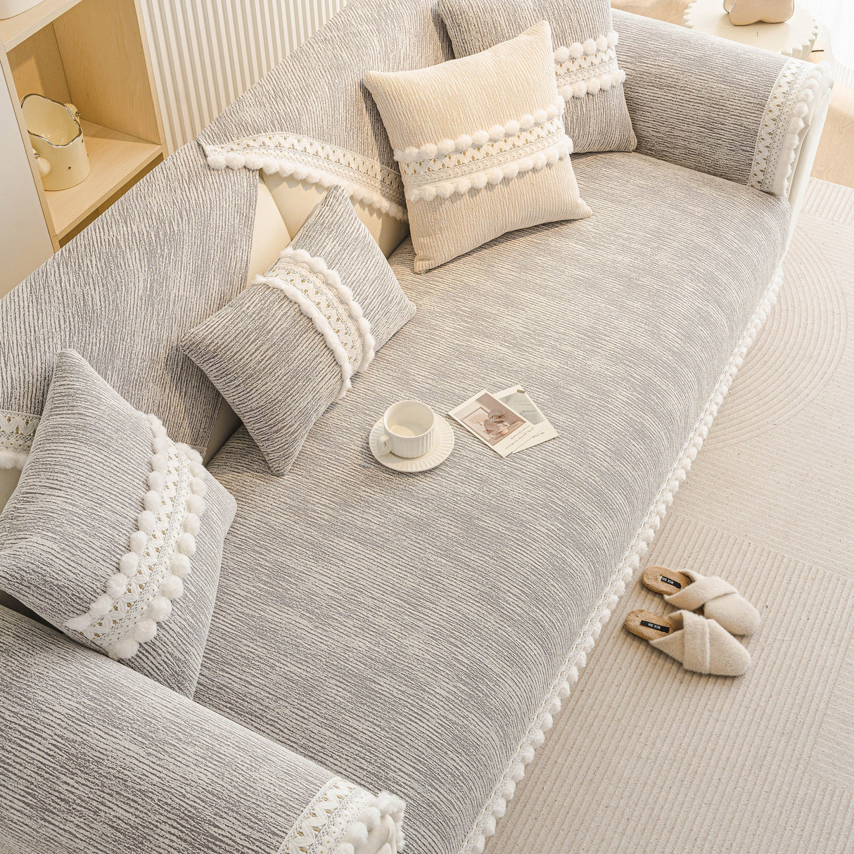 Soft Chenille Sectional Sofa Cover with Pom Pom Trim – Non-Slip Couch Protector