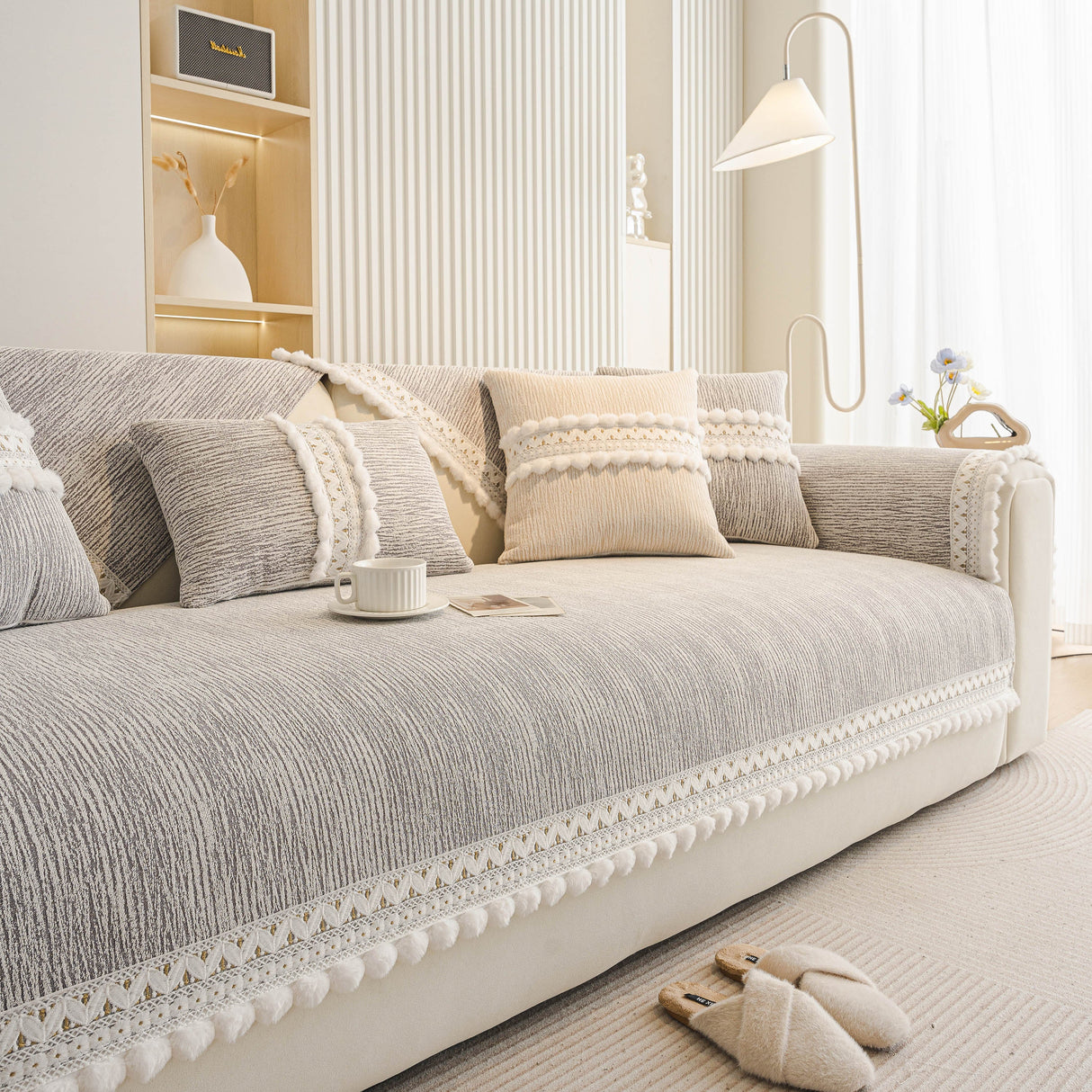 Soft Chenille Sectional Sofa Cover with Pom Pom Trim – Non-Slip Couch Protector