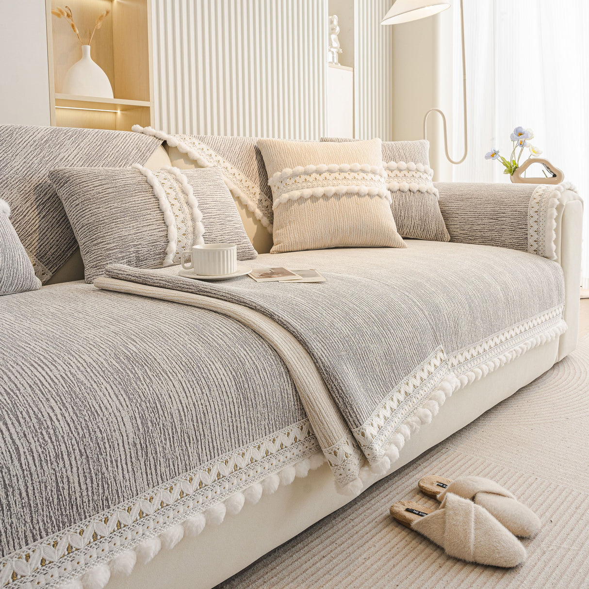 Soft Chenille Sectional Sofa Cover with Pom Pom Trim – Non-Slip Couch Protector