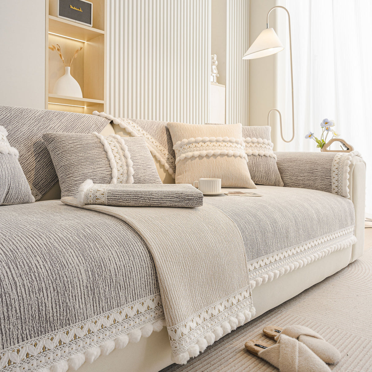 Soft Chenille Sectional Sofa Cover with Pom Pom Trim – Non-Slip Couch Protector