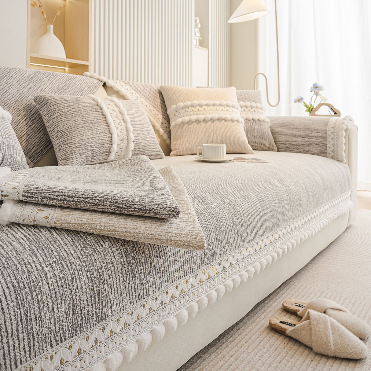 Soft Chenille Sectional Sofa Cover with Pom Pom Trim – Non-Slip Couch Protector