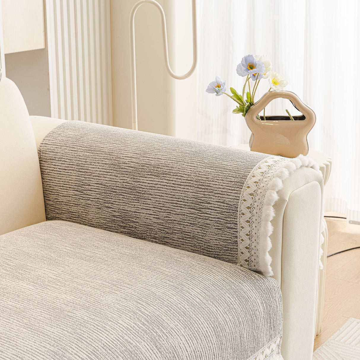 Soft Chenille Sectional Sofa Cover with Pom Pom Trim – Non-Slip Couch Protector