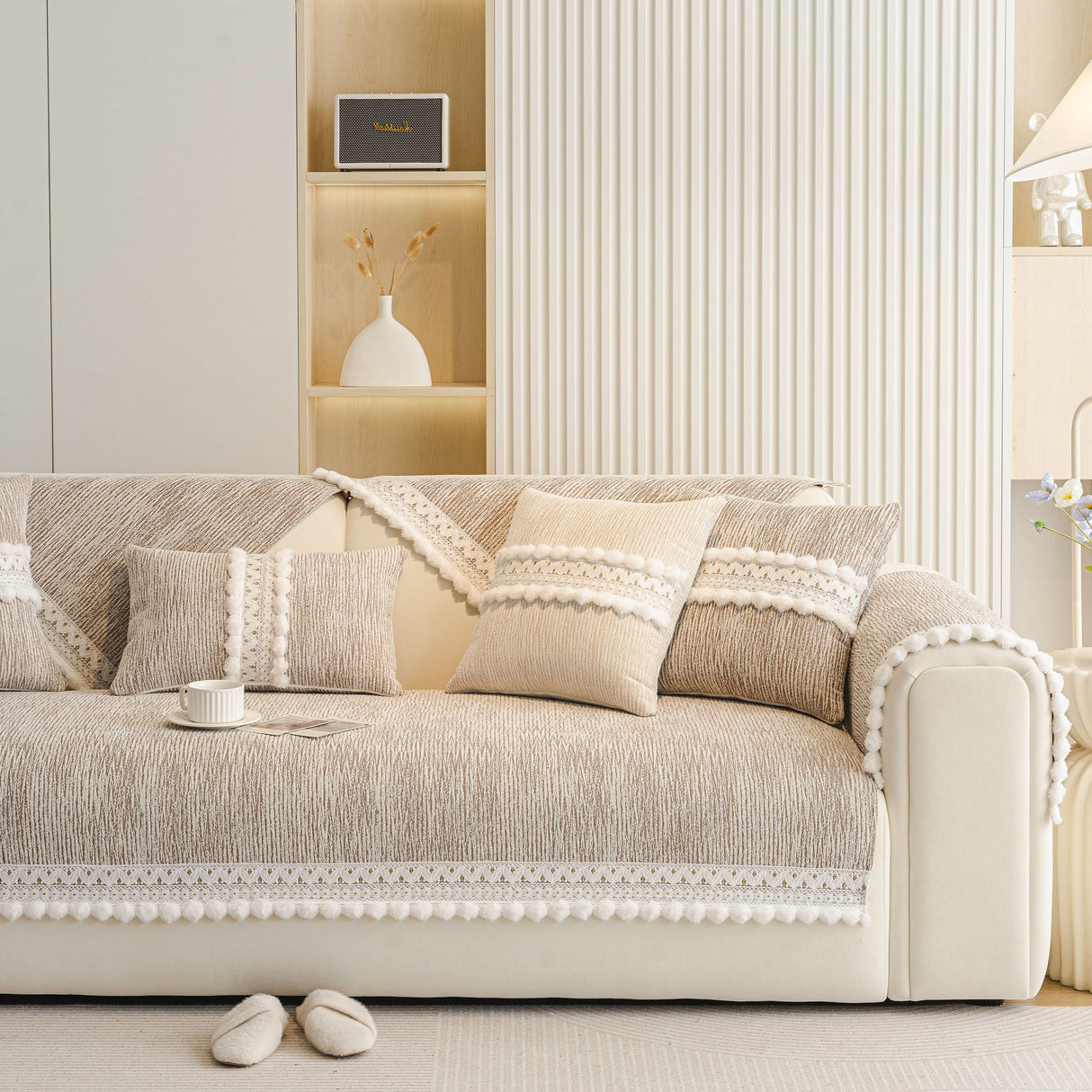 Soft Chenille Sectional Sofa Cover with Pom Pom Trim – Non-Slip Couch Protector