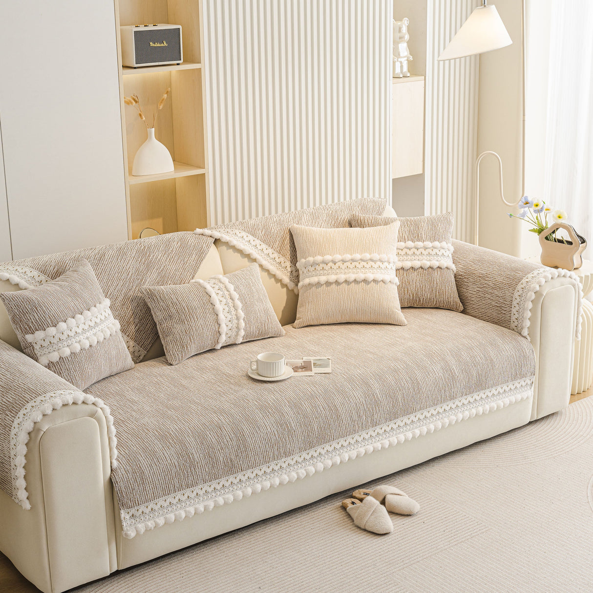 Soft Chenille Sectional Sofa Cover with Pom Pom Trim – Non-Slip Couch Protector