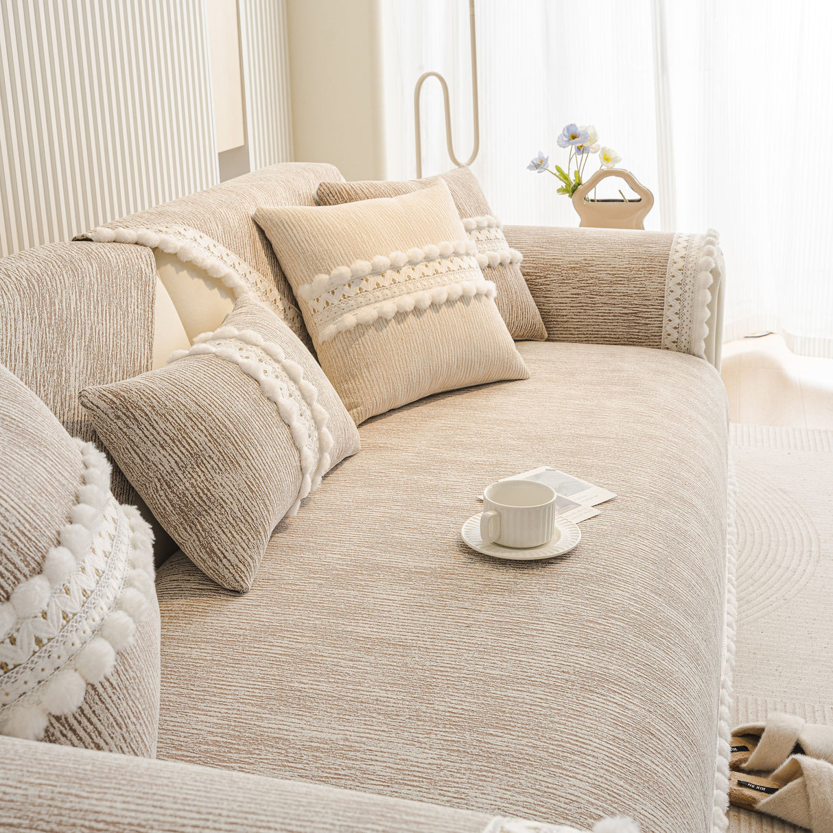 Soft Chenille Sectional Sofa Cover with Pom Pom Trim – Non-Slip Couch Protector