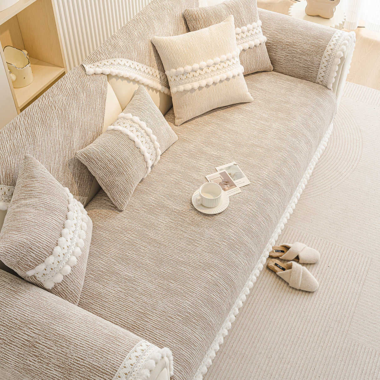 Soft Chenille Sectional Sofa Cover with Pom Pom Trim – Non-Slip Couch Protector