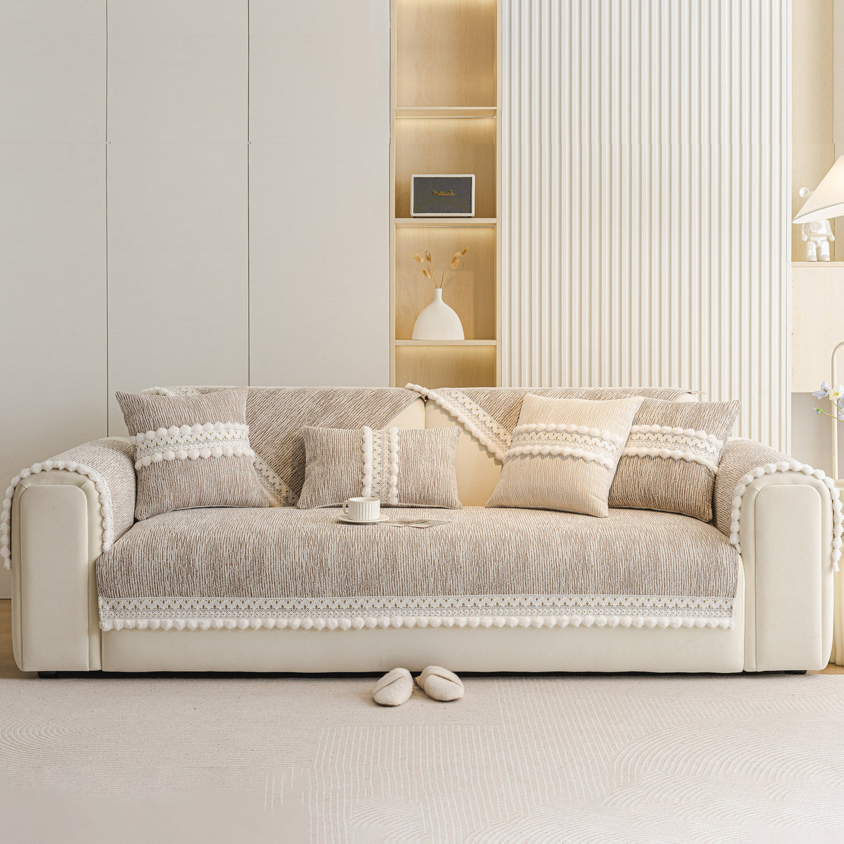 Soft Chenille Sectional Sofa Cover with Pom Pom Trim – Non-Slip Couch Protector