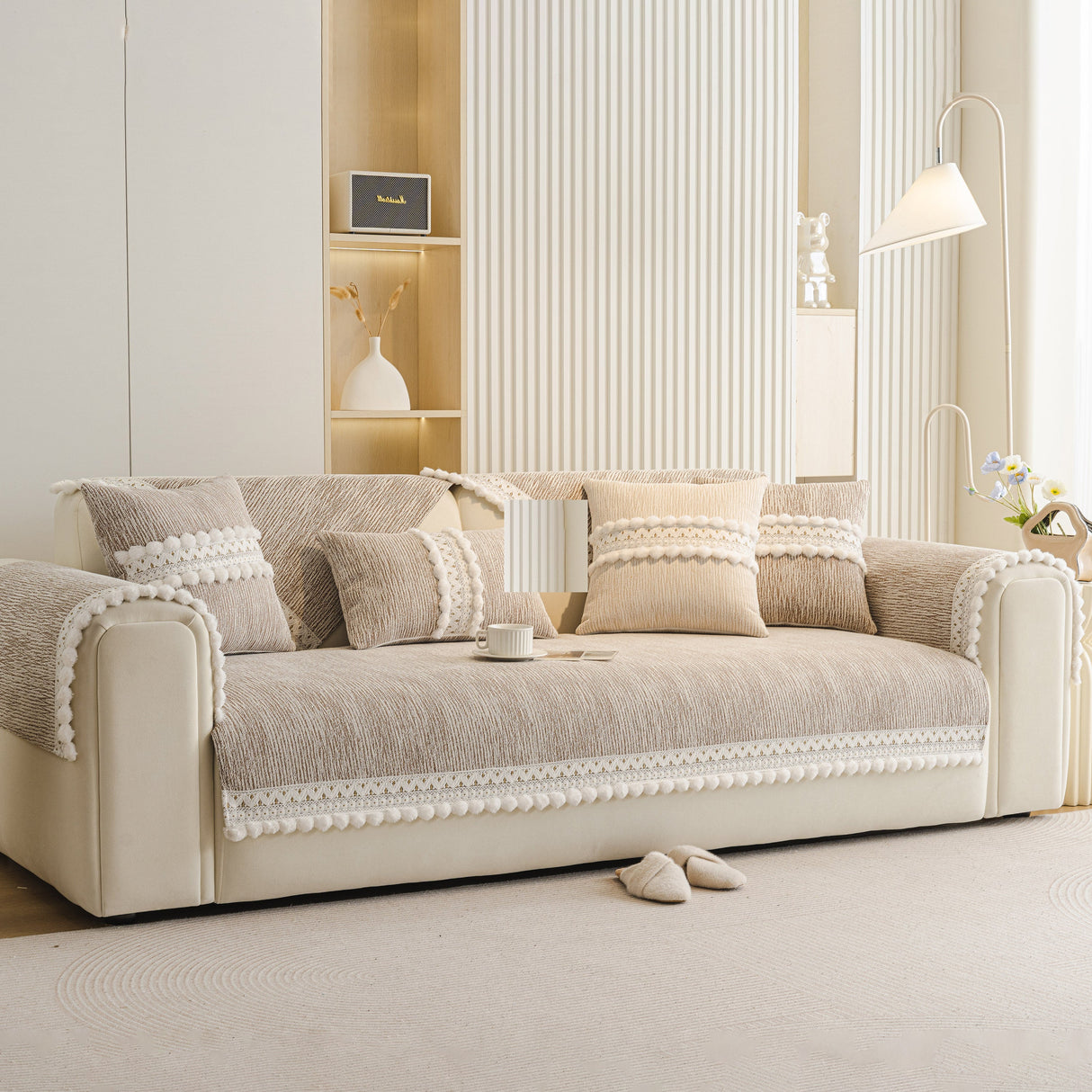 Soft Chenille Sectional Sofa Cover with Pom Pom Trim – Non-Slip Couch Protector