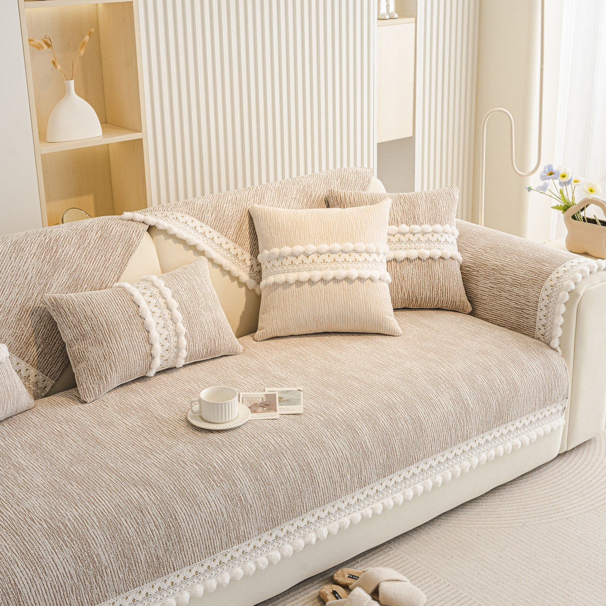 Soft Chenille Sectional Sofa Cover with Pom Pom Trim – Non-Slip Couch Protector