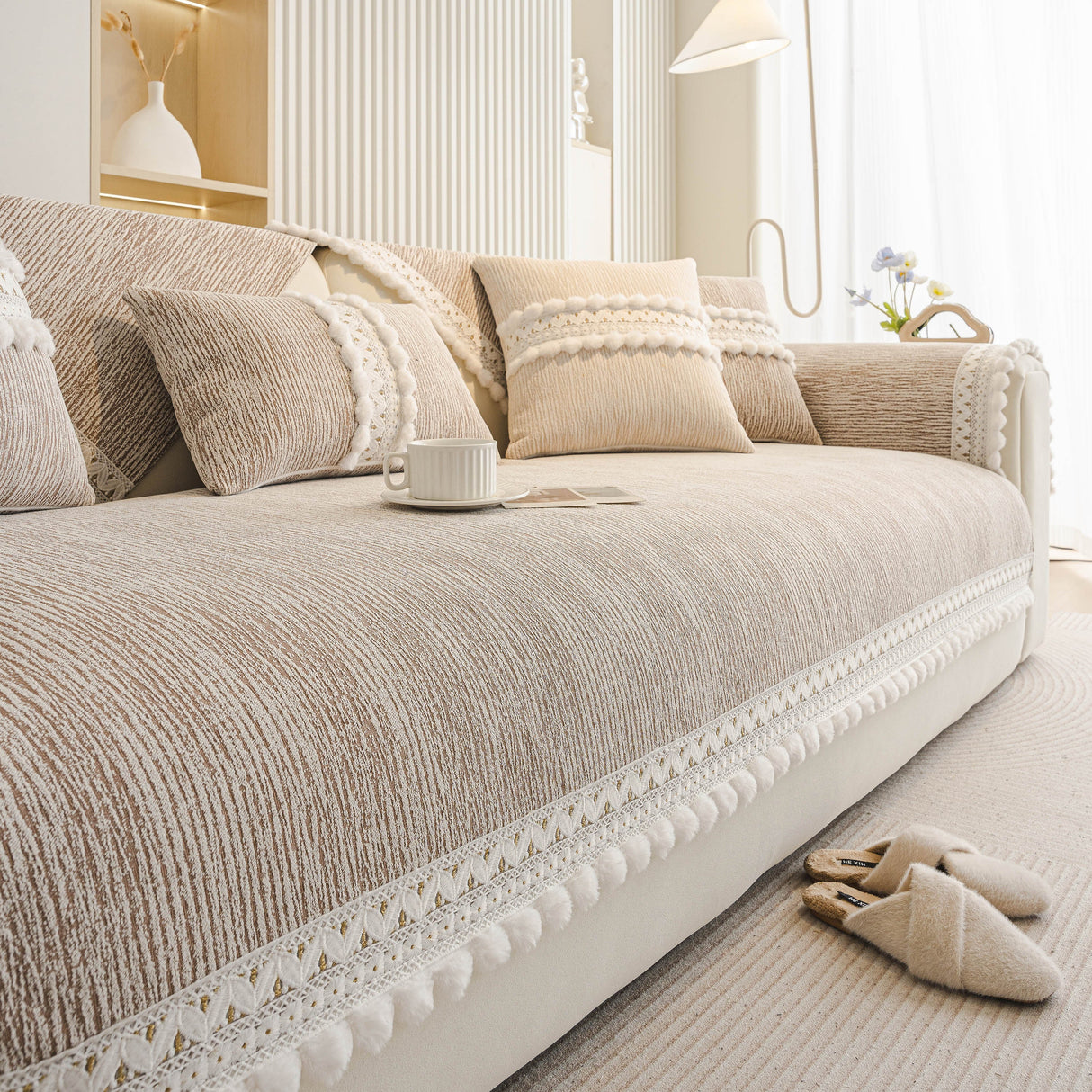 Soft Chenille Sectional Sofa Cover with Pom Pom Trim – Non-Slip Couch Protector