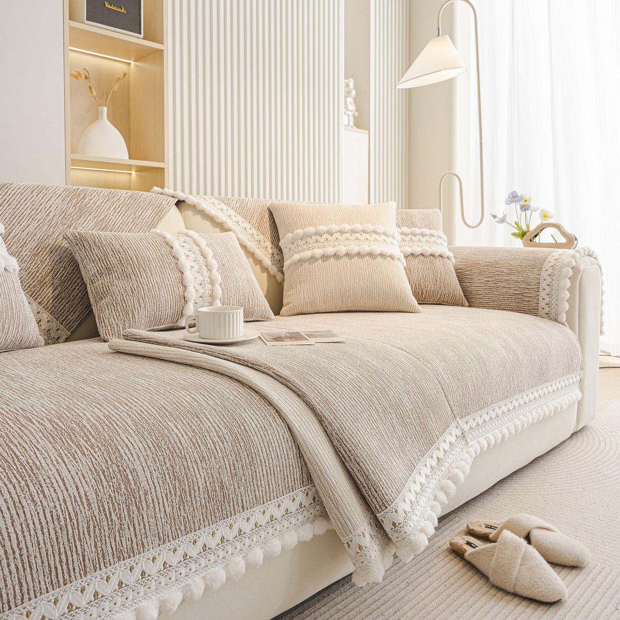 Soft Chenille Sectional Sofa Cover with Pom Pom Trim – Non-Slip Couch Protector