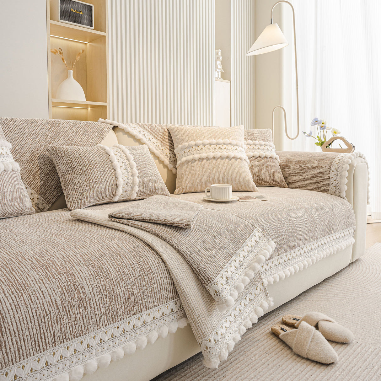 Soft Chenille Sectional Sofa Cover with Pom Pom Trim – Non-Slip Couch Protector