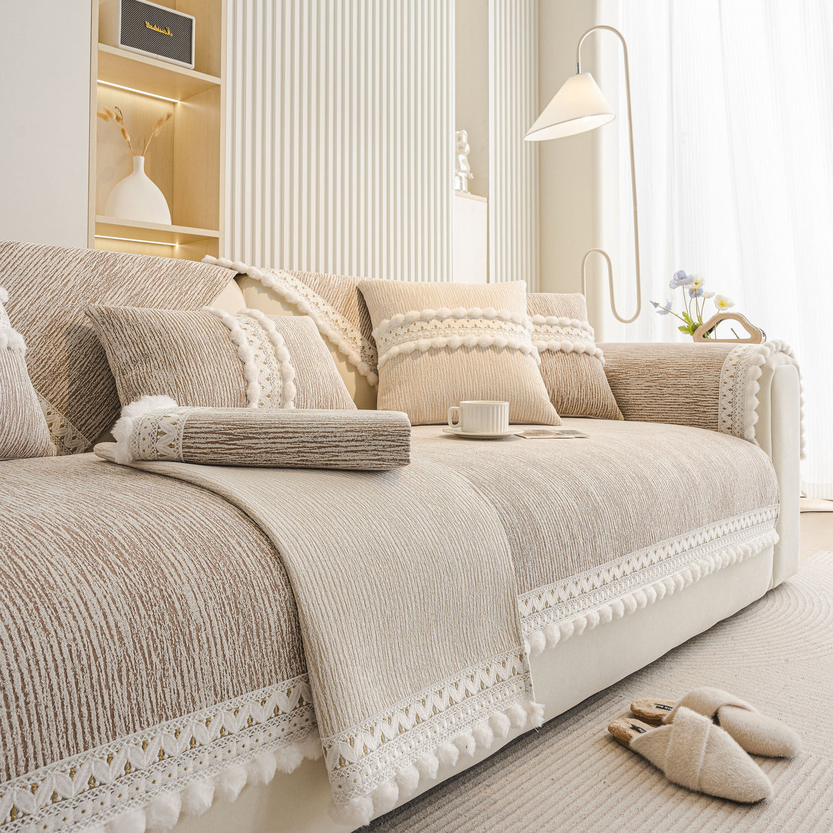 Soft Chenille Sectional Sofa Cover with Pom Pom Trim – Non-Slip Couch Protector