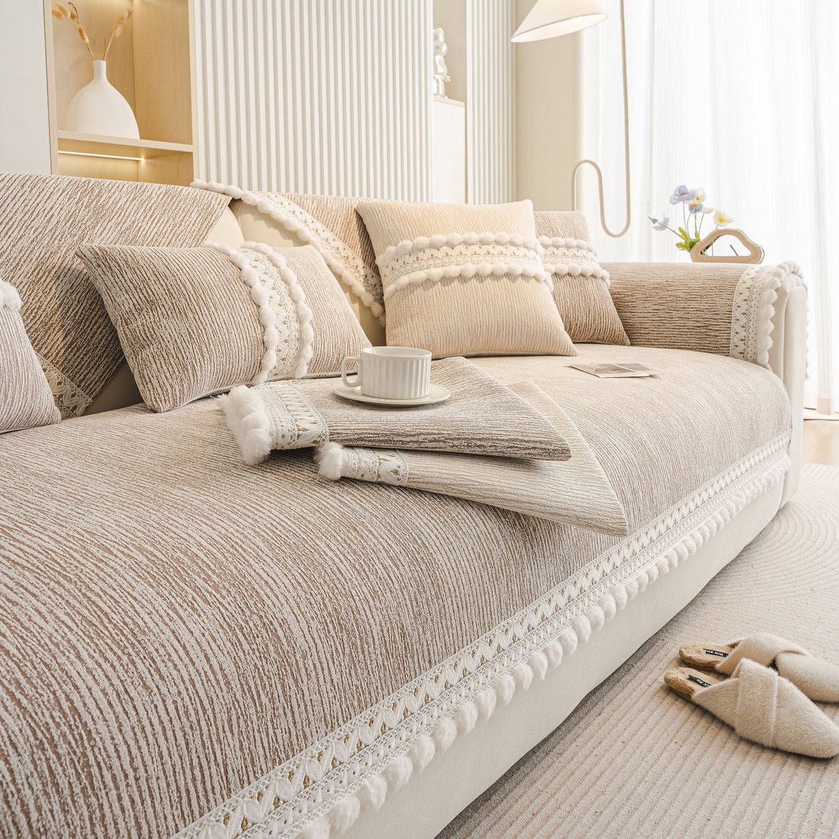 Soft Chenille Sectional Sofa Cover with Pom Pom Trim – Non-Slip Couch Protector