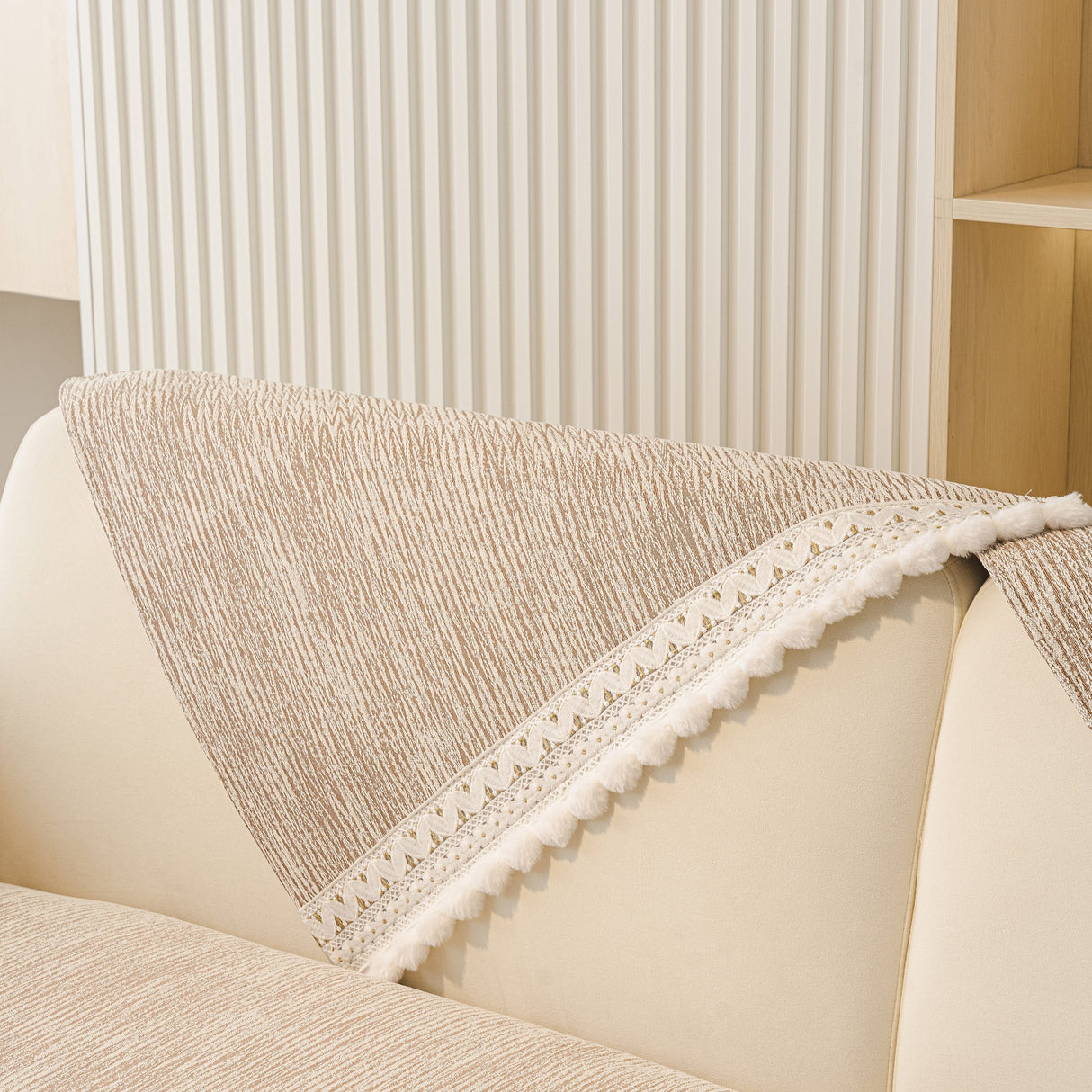 Soft Chenille Sectional Sofa Cover with Pom Pom Trim – Non-Slip Couch Protector