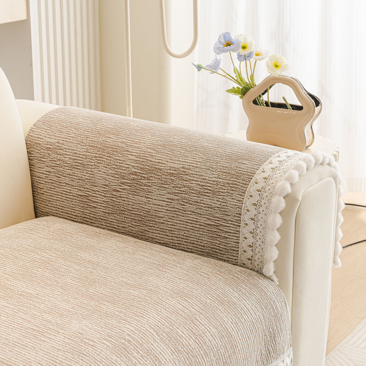 Soft Chenille Sectional Sofa Cover with Pom Pom Trim – Non-Slip Couch Protector