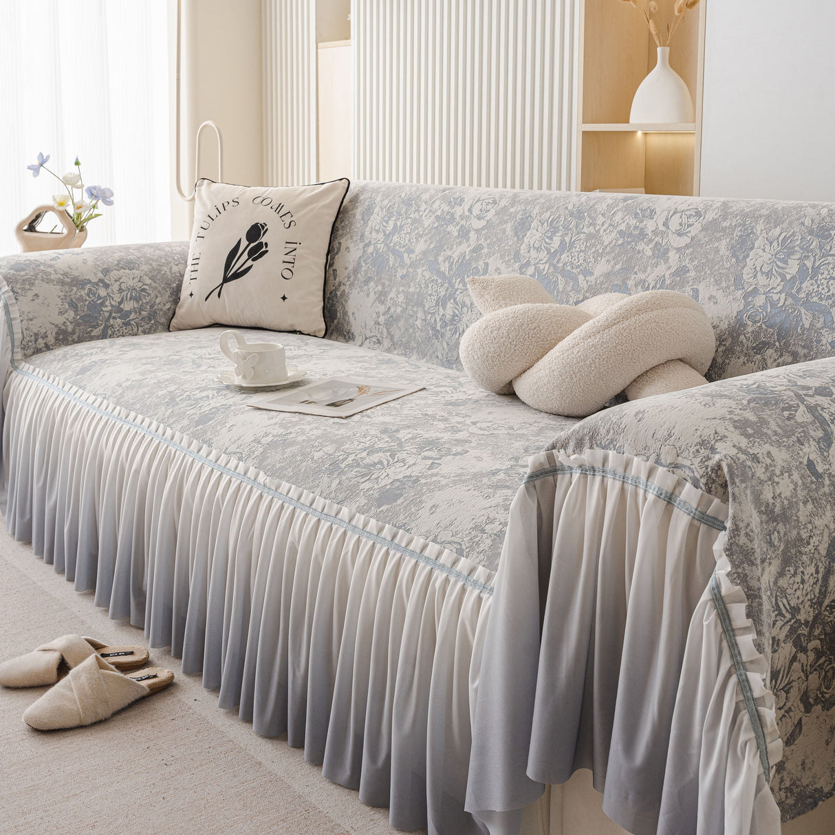 French Chic Style Ruffle Rose Cover Throw for Sofas, Decorative Sectional Covers