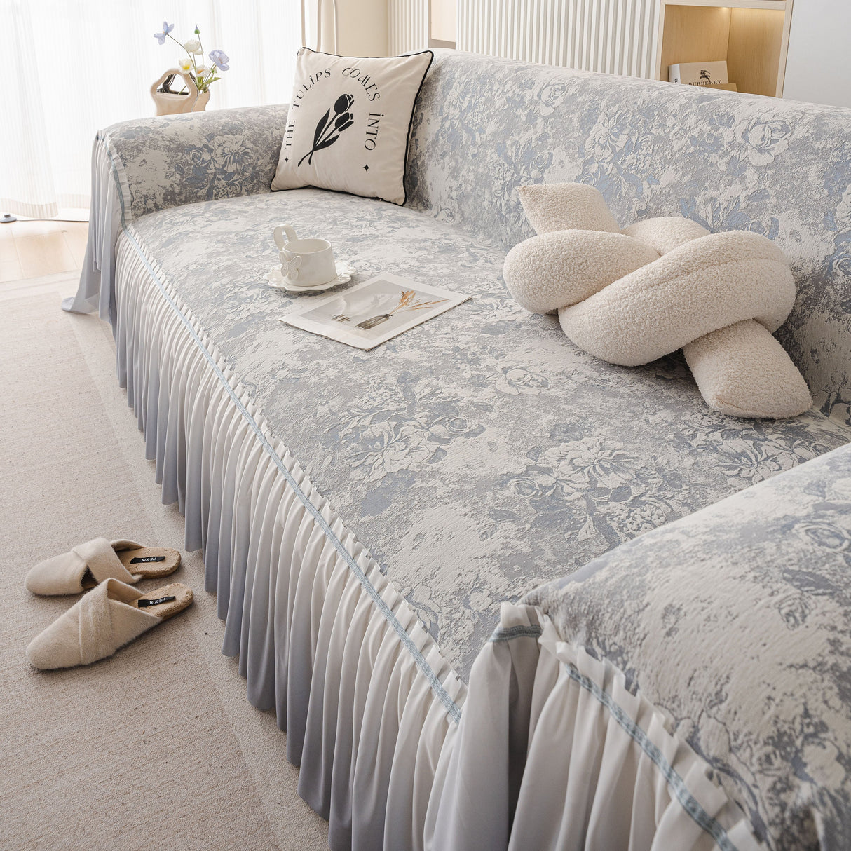 French Chic Style Ruffle Rose Cover Throw for Sofas, Decorative Sectional Covers